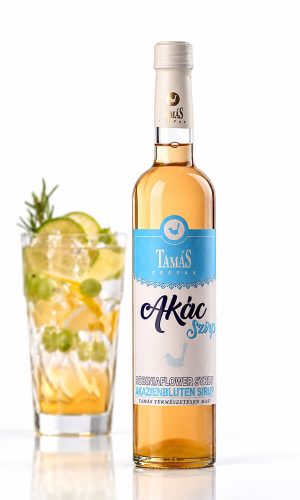 Tamás Pince akácvirág szörp termékfotója, akác szörp varázslatos koktélok készítéséhez.