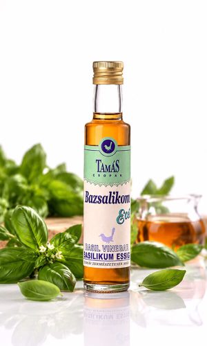 Tamás Pince bazsalikom ecet termékfotója, friss zöld bazsalikommal
