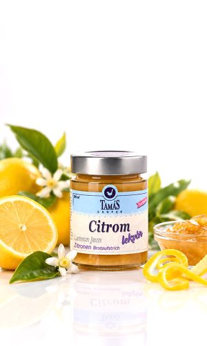 Tamás Pince citrom lekvár termékfotója, friss citrommal, citromvirággal