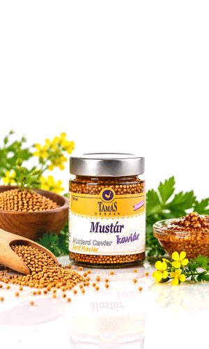 Tamás Pince mustár kaviár termékfotója, mustár virággal, mustár maggal