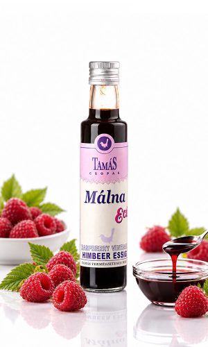Tamás Pince málna ecet termékfotója, málna balzsam ecet, friss málnaszemek