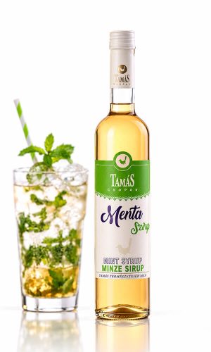 Tamás Pince menta szörp termékfotója, menta szörp frissítő alkoholmentes mojitoval