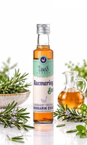 Tamás Pince rozmaring ecet termékfotója, friss zöld rozmaring ágakkal