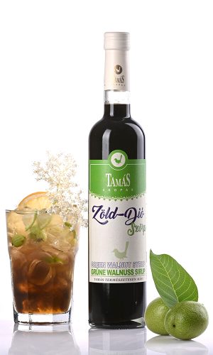 Tamás Pince zöld-dió szörp termékfotója, zöld dióa szörp koktél a különleges alternatíva a gin-tonic kedvelőknek.